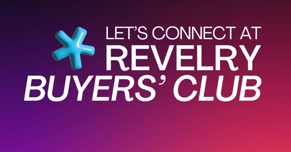 Graphic with a purple and pink gradient background featuring the text “Let’s Connect at Revelry Buyers’ Club” in bold white lettering with a blue abstract asterisk-style icon. Promotional networking graphic for the cannabis industry event Revelry Buyers’ Club.