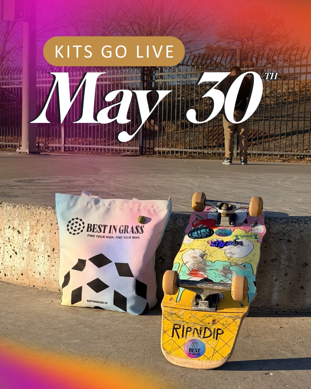 Best in Grass New York 2026 judge kit tote bag with skateboard and "Kits Go Live May 30" announcement