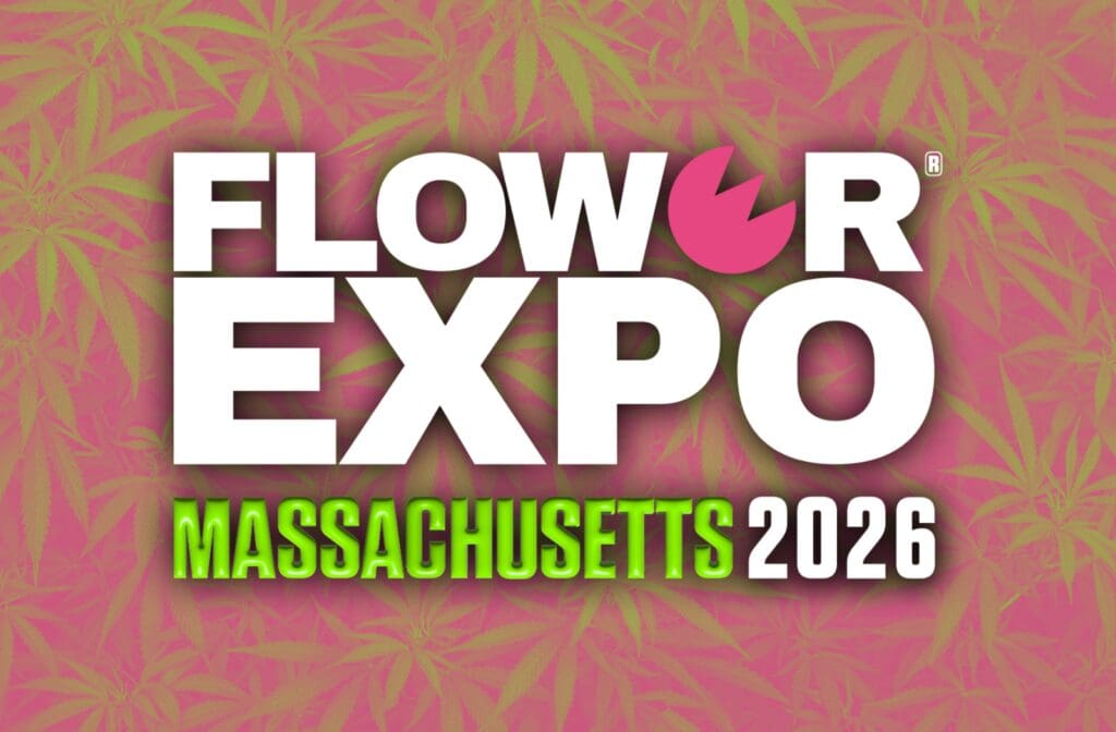 Flower Expo Massachusetts 2026 official event logo with cannabis leaf background